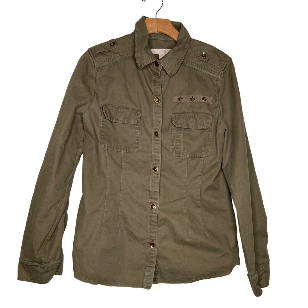 Banana Republic Heritage Jacket Womens 6 Green Cotton Button Military Raw Hem